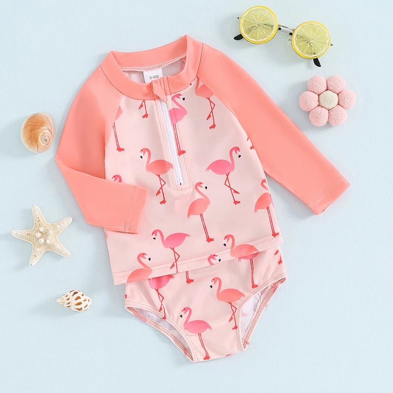 Baby Toddler Girls 2Pcs Two Piece Swimsuits Long Sleeve Seashell/Bird Flamingo Print Bathing Suit Summer Swimwear