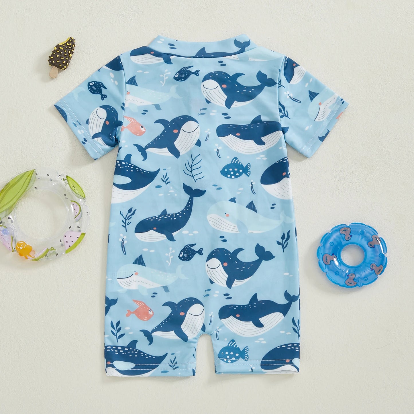 Baby Toddler Boys Rash Guard Swimsuit Short Sleeve Sea Animal Print Zip Up Bathing Suit Swimwear Romper