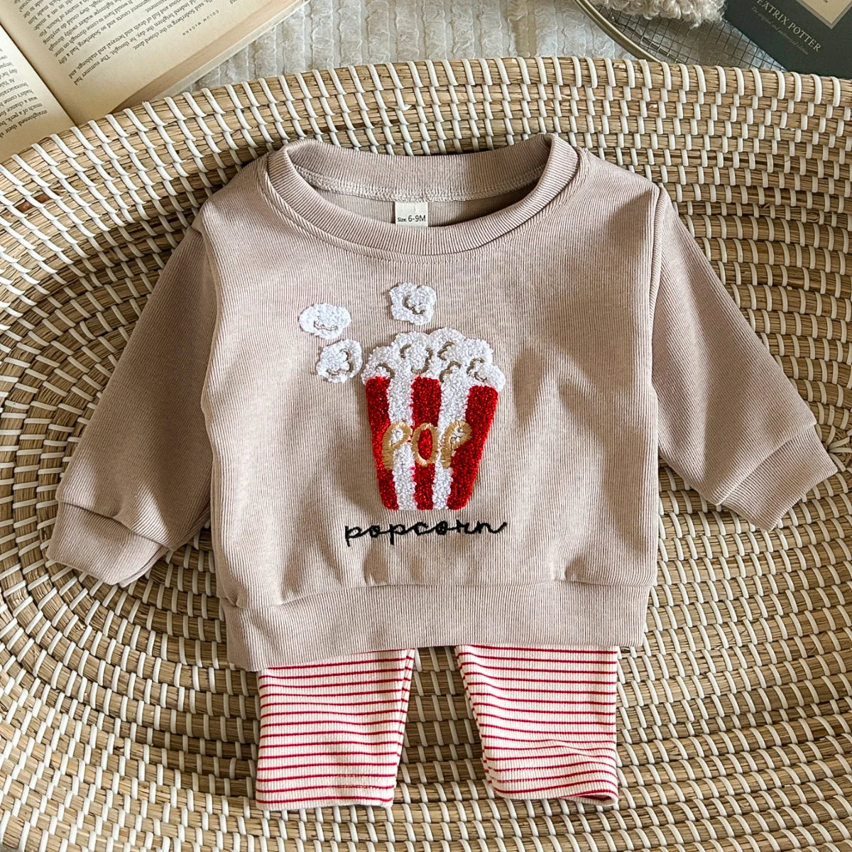 Baby Toddler Girls Boys 2Pcs Popcorn / Muffin Bon Appetit Embroidery Pullover Long Sleeve Top + Pants Set Outfit