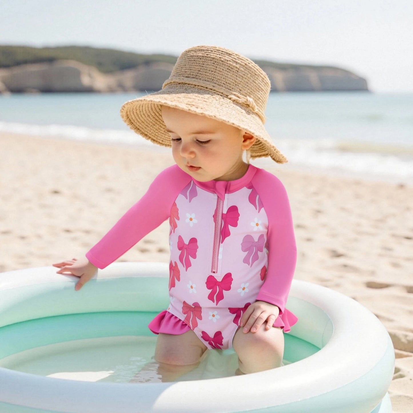 Baby Toddler Girls 2Pcs Summer Swimsuit Set Flower Bow Print Zip-up Rash Guard Long Sleeve Swim Top and Shorts Bathing Suit