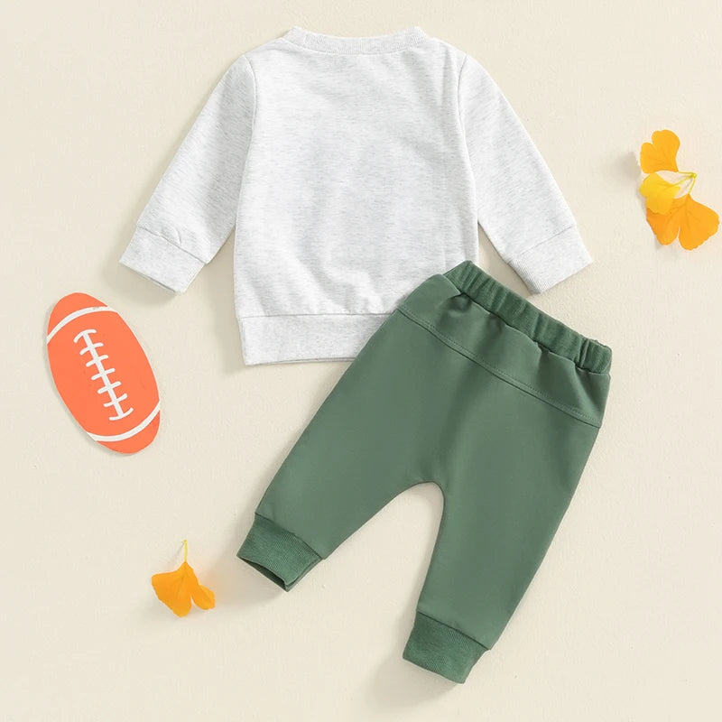 Baby Toddler Boys 2Pcs Game Day Set Long Sleeve Embroidery Letters Football Top Elastic Waist Pants Clothes Outfit