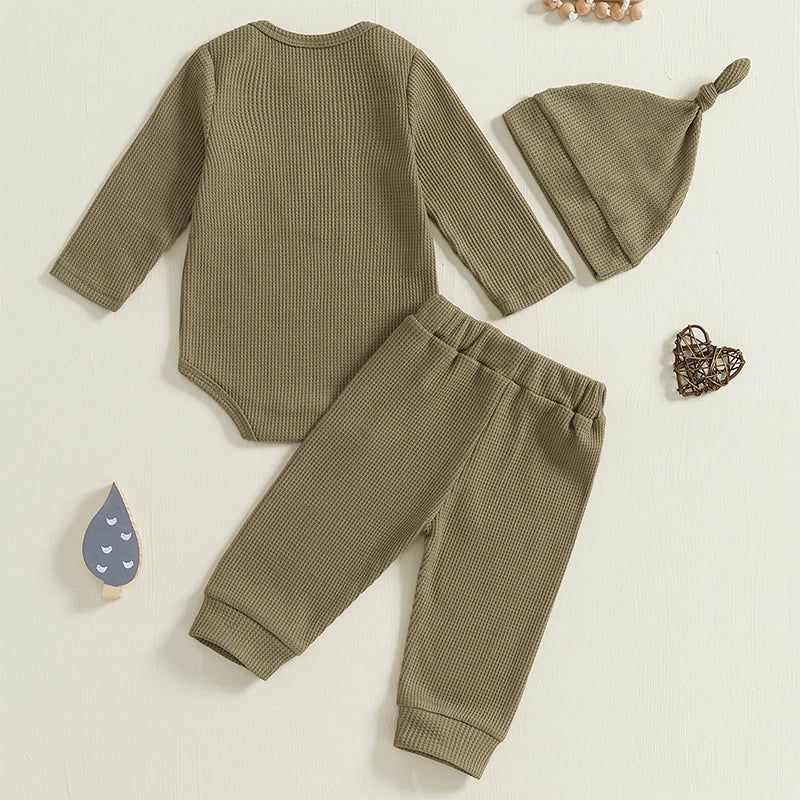 Baby Boys 3Pcs Hi I'm New Here Waffle Fall Set Letter Print Long Sleeve Round Neck Romper Long Pants Hat Outfit