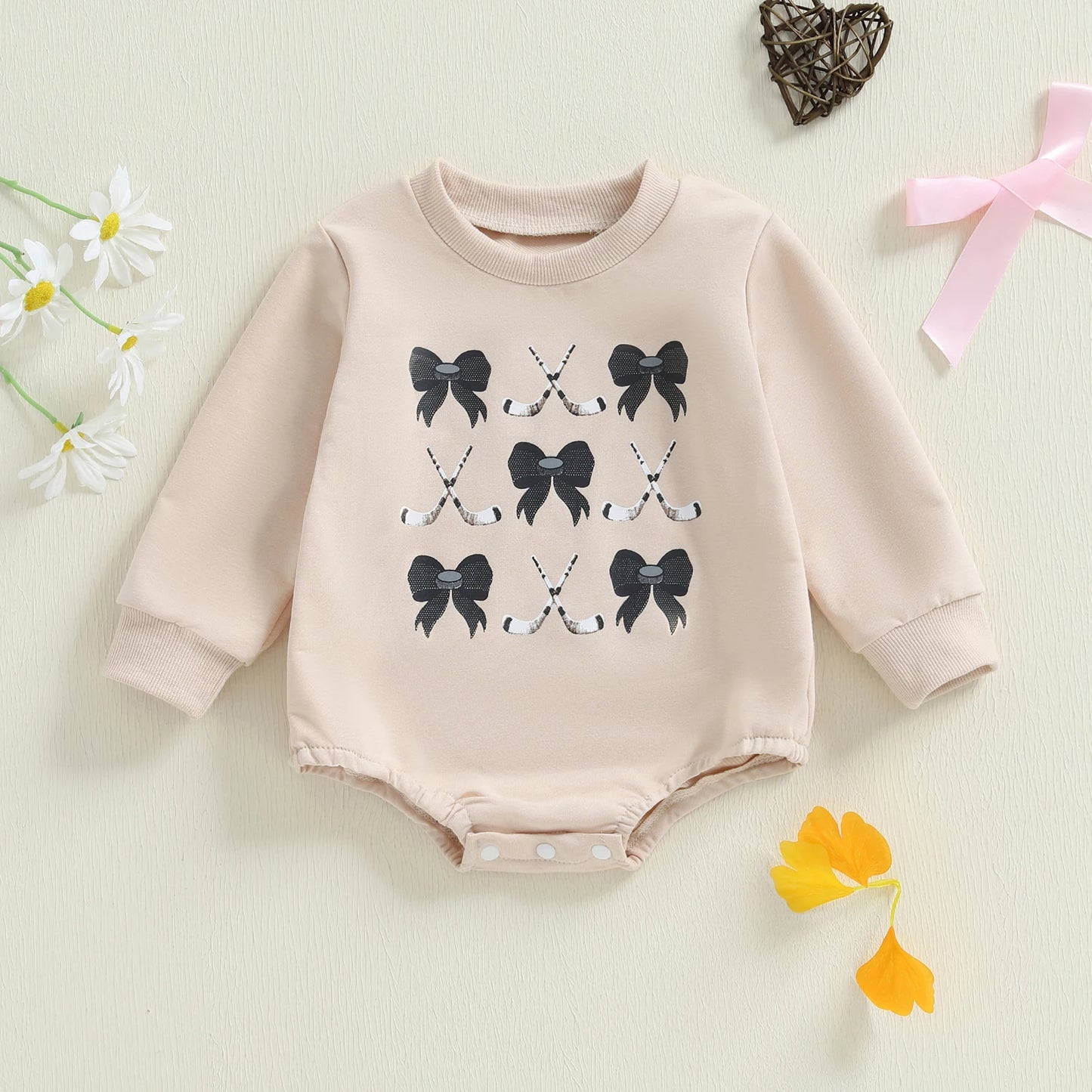 Baby Girls Fall Romper Bow Hockey / Game Day Letter Print Long Sleeve Round Neck Bubble Jumpsuit