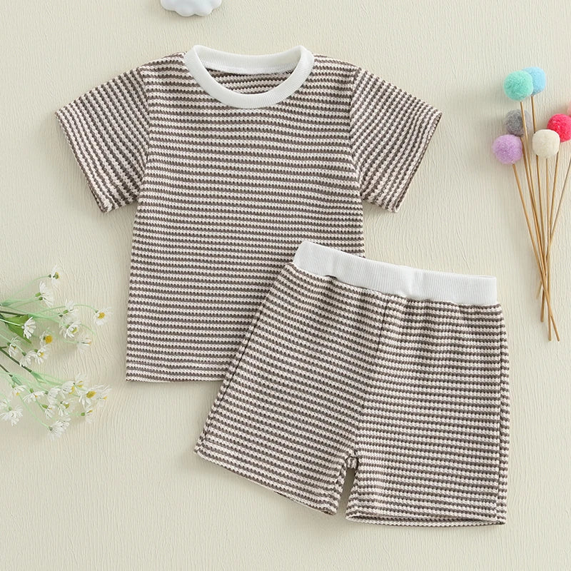 Baby Toddler Girl Boys 2Pcs Summer Outfit Waffle Striped Short Sleeve T-shirt Top Elastic Waist Shorts Set