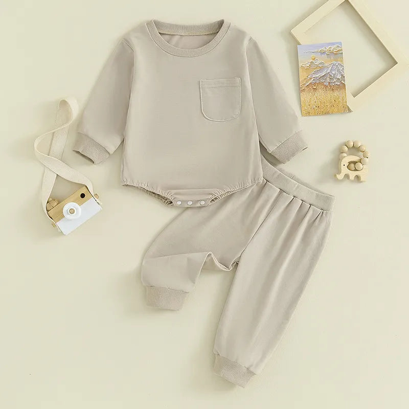 Baby Fall Outfits Girl Boy 2Pcs Solid Color Crewneck Pocket Oversized Long Sleeve Romper Pants Set