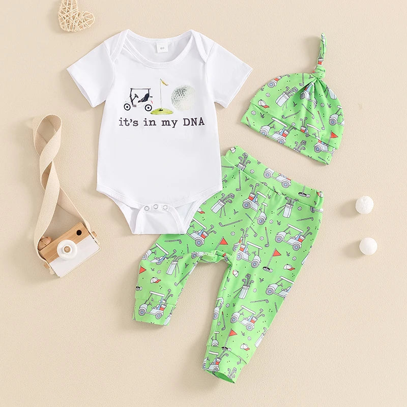 Baby Boys 3Pcs Outfit Daddy's Golf Buddy / It's In My DNA Letters Print Short Sleeve Romper Golf Cart Print Pants and Hat Infant Clothes Set