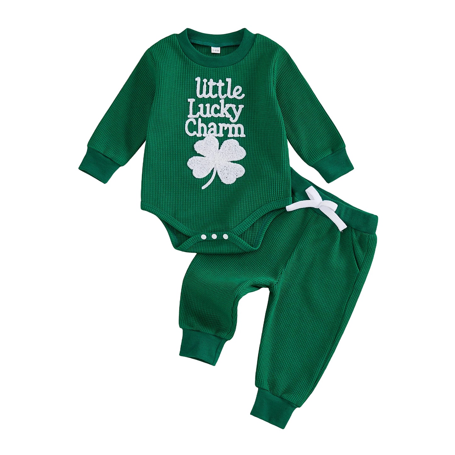 Baby Boys Girls 2Pcs Little Lucky Charm Outfit Long Sleeve O Neck Letter Shamrock Embroidery Jumpsuit Romper and Elastic Waist Pants Set
