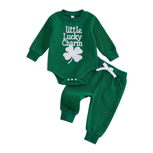Baby Boys Girls 2Pcs Little Lucky Charm Outfit Long Sleeve O Neck Letter Shamrock Embroidery Jumpsuit Romper and Elastic Waist Pants Set