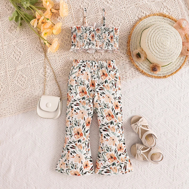 Baby Toddler Kids Girls 2Pcs Summer Sleeveless Tank Top Ruched Floral Flower Print Camisole Flared Matching Long Pants Set Outfit