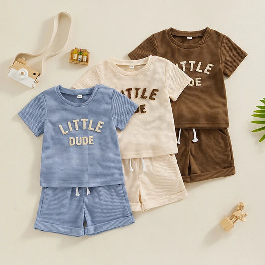 Toddler Baby Boy 2Pcs Little Dude Spring Summer Clothes Fuzzy Letter Waffle Short Sleeve Top Elastic Waist Shorts Set Outfit