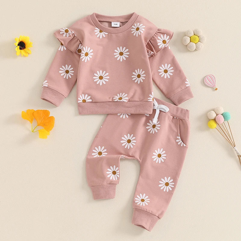 Baby Toddler Girls 2Pcs Fall Outfit Daisy Flower Print Long Sleeve Top with Elastic Waist Pants Set