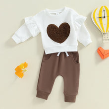 Load image into Gallery viewer, Baby Toddler Girls 2Pcs Outfit Heart Embroidery Ruffles Long Sleeve Top and Elastic Pants Set
