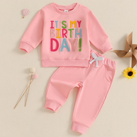 Baby Toddler Kids Girls It's My Birthday Outfit Letter Embroidery Long Sleeve Crew Neck Pullover Top with Solid Long Pants Jogger Set