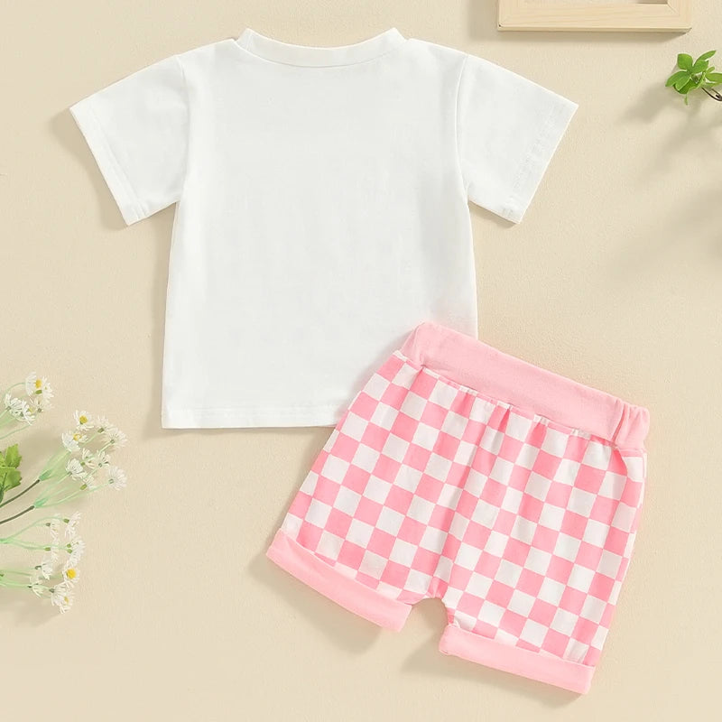 Toddler Baby Girl 2Pcs Outfit Daddy's Girl Letters Flowers Print Short Sleeve Top Checkered Pink Shorts Set