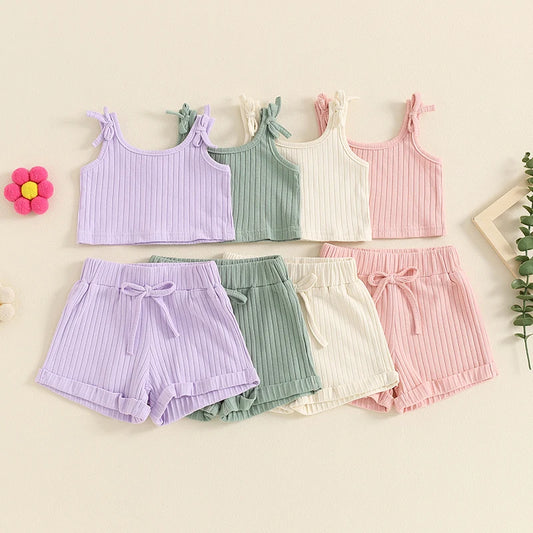 Baby Toddler Girls 2Pcs Summer Outfit Solid Color Ribbed Tank Top Tie Strap Shorts Clothes Matching Set