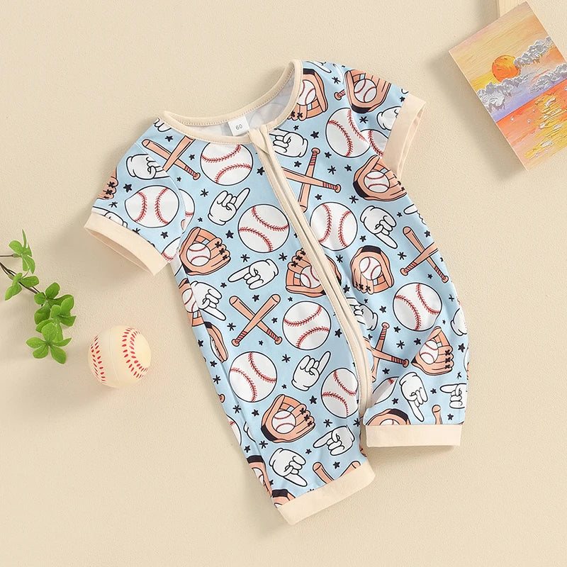 Baby Boys Girls Short Sleeve Baseball Glove Bat Print Zip Up Rompers Jumpsuits