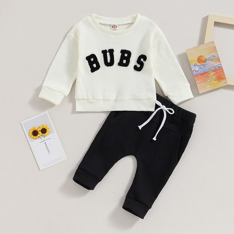 Baby Toddler Boys Girls 2PCS Long Sleeve Letter Embroidery Bubs Tops and Drawstring Pants Set