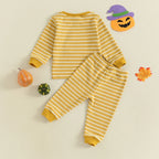 Baby Toddler Girls Boys 2Pcs Halloween Pajamas Set Long Sleeve Embroidery Pumpkin Ghost Top with Striped Pants Sleepwear