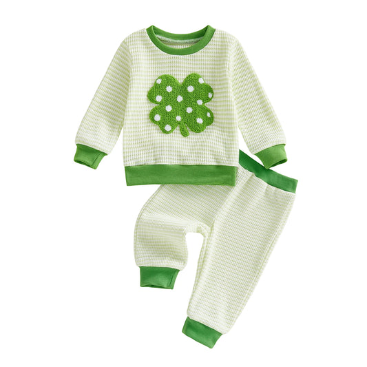 Baby Toddler Boys Girls 2Pcs Irish Clothing Set Fashionable Long Sleeve Shamrock Embroidery Pullover Top with Pants St. Patrick's Day Outfit Jogger Set