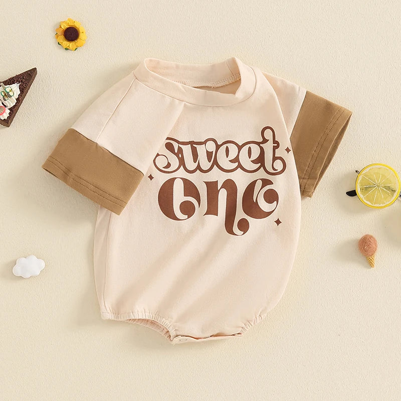 Baby Boys Girls Sweet One Romper Cute Letter Print Short Sleeve Crew Neck Bodysuit Summer Playsuit