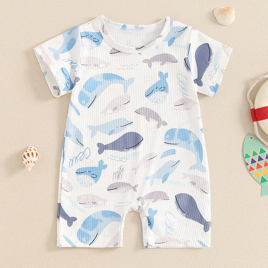 Baby Boys Girls Summer Casual Romper Short Sleeve Crew Neck Ocean Animal Whales Print Jumpsuit