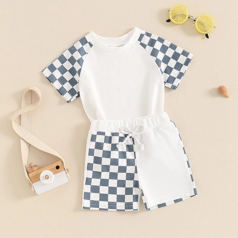 Baby Toddler Kids Boys 2Pcs Set Plaid Checker Short Sleeve Crew Neck Top with Elastic Waist Shorts Set Summer Outfit