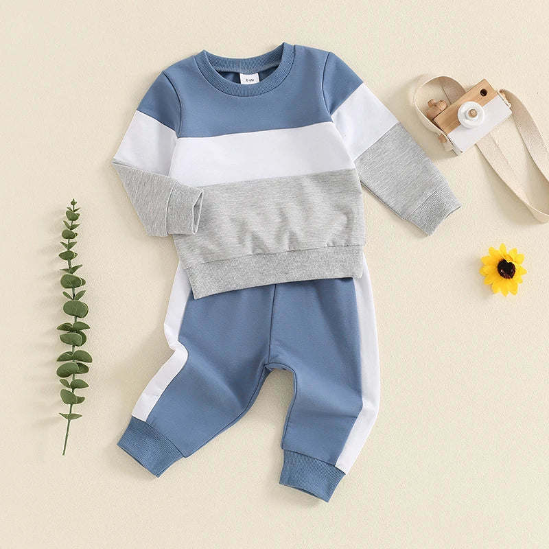 Baby Toddler Boys 2Pcs Long Sleeve Round Neck Top Drawstring Long Pants Contrast Color Outfit Set