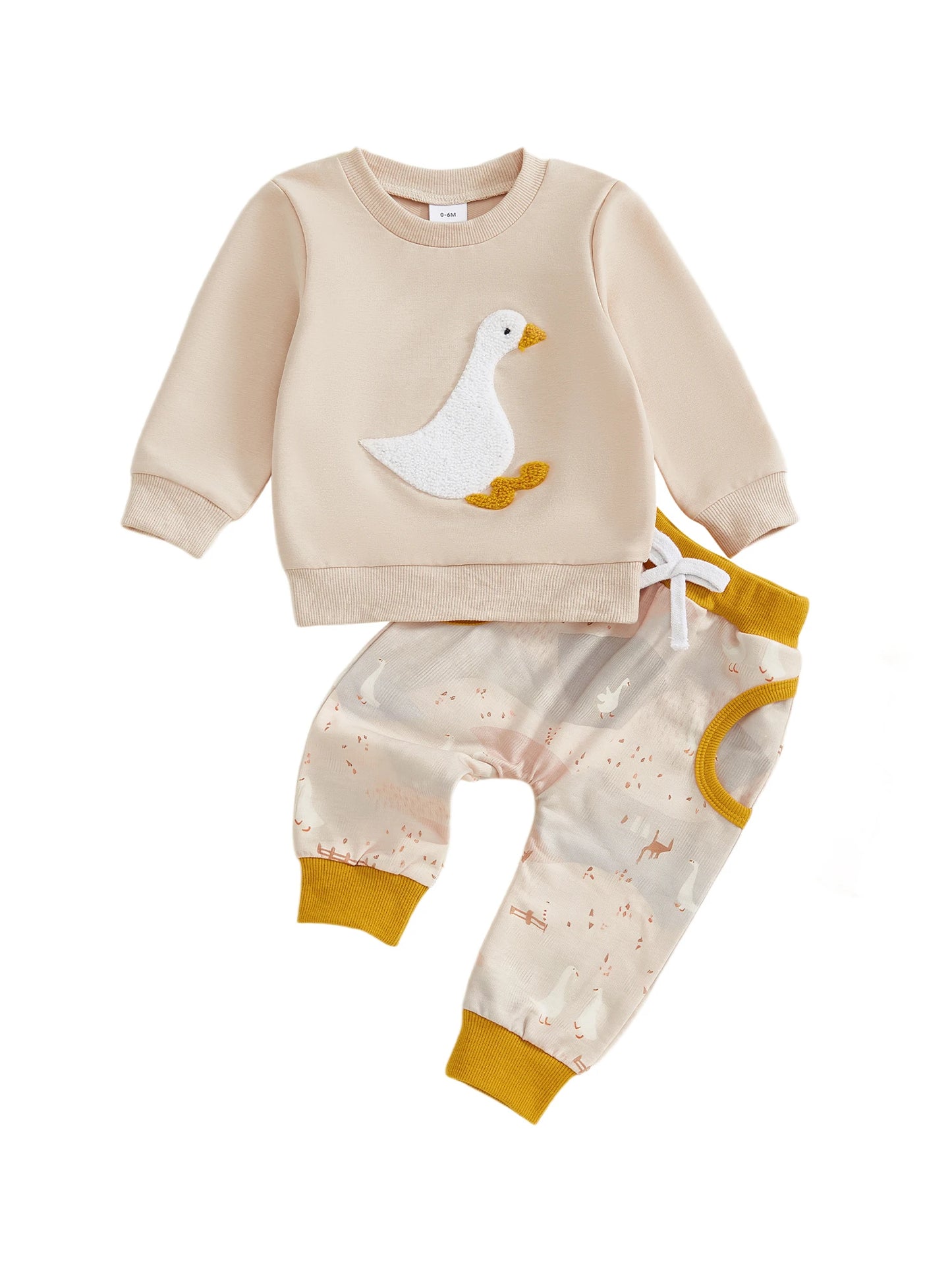 Baby Toddler Boys 2Pcs Fall Set Fashionable Long Sleeve Chicken/Duck Embroidery Pullover Top with Print Jogger Pants 2 Pcs Outfits