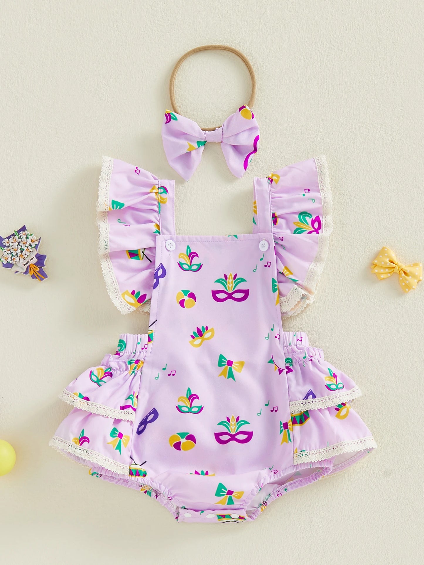 Baby Girl 2Pcs MardiGras Outfit Ruffled Trim Flying Sleeve Romper and Bow Headband Set