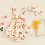 Baby Toddler Girls Romper Peach Print Sleeveless Square Neck Side Tiered Ruffled Jumpsuit with Headband Set