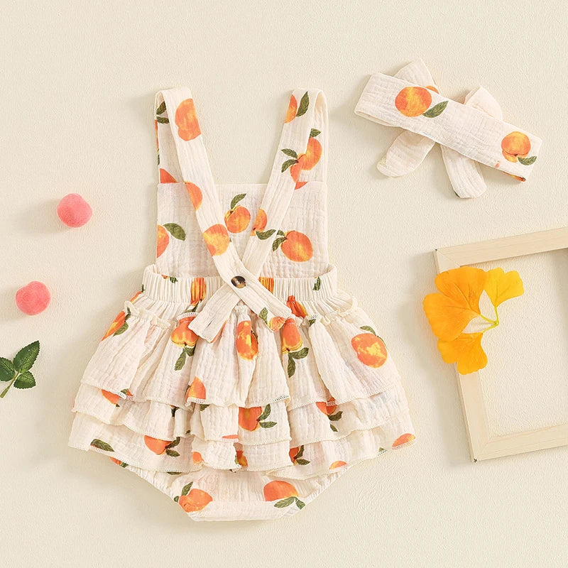 Baby Toddler Girls Romper Peach Print Sleeveless Square Neck Side Tiered Ruffled Jumpsuit with Headband Set