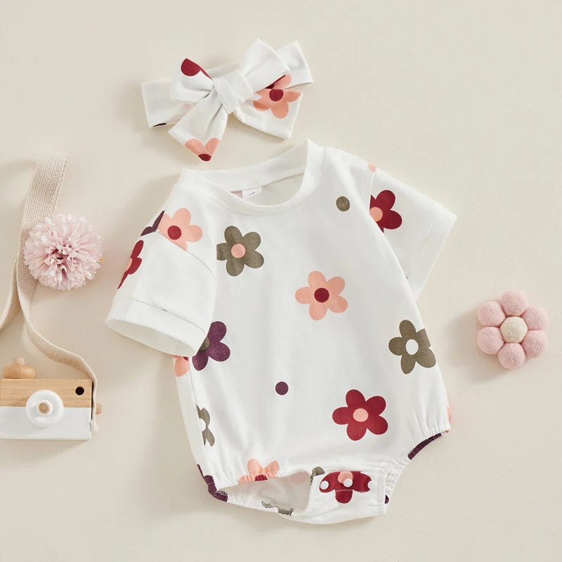 Baby Girl 2Pcs Summer Clothes Short Sleeve Romper Floral Flowers Print Jumpsuit Headband Set Outfit