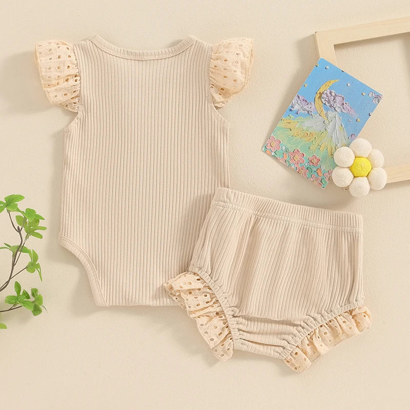 Baby Girl 2Pcs Spring Summer Outfits Round Neck Buttons Eyelet Fly Sleeve Frilly Romper Elastic Waist Shorts Clothes Set