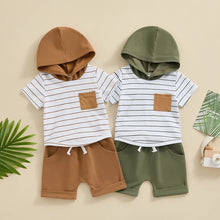 Load image into Gallery viewer, Toddler Baby Boy 2Pcs Short Sleeve Hooded Striped Top Solid Color Shorts Summer Outfit Set

