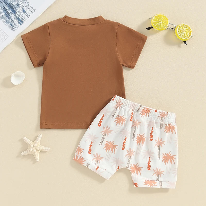 Baby Toddler Boys 2Pcs Summer Outfits Animal Elephant Giraffe Plam Tree Print Short Sleeve Top and Elastic Shorts Vacation Clothes Set