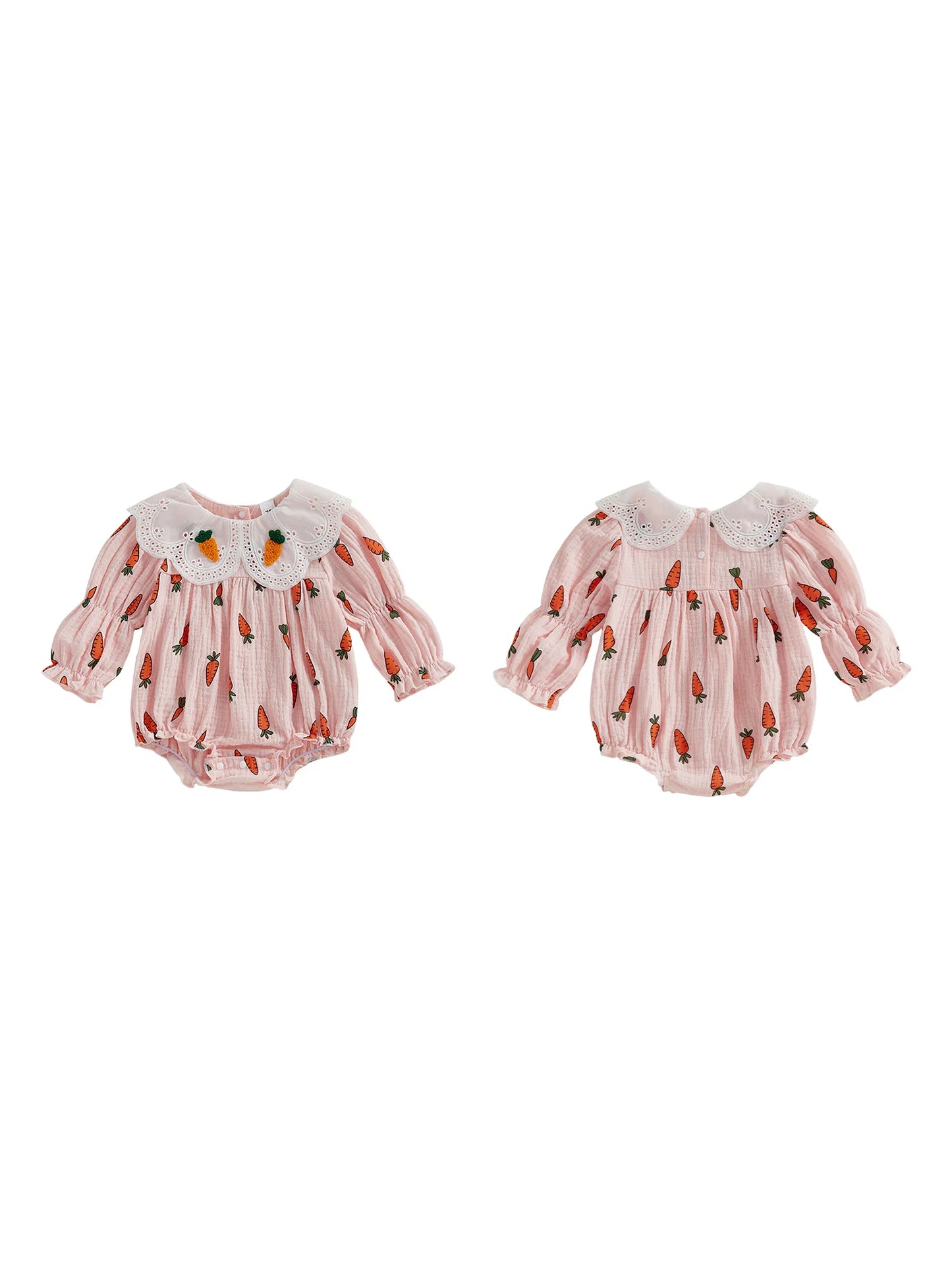 Baby Girl Easter Romper Long Sleeve Doll Collar Carrot Print Bubble Jumpsuit