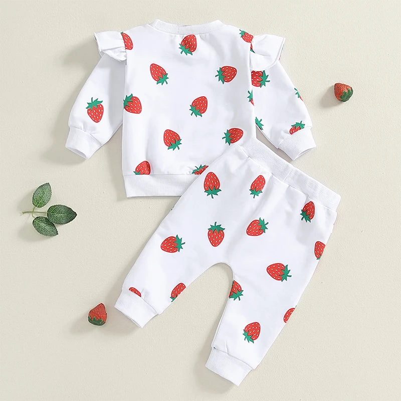 Baby Toddler Girls 2Pcs Outfit Strawberry Print Long Sleeve Crew Neck Top with Elastic Waist Pants Fall Set