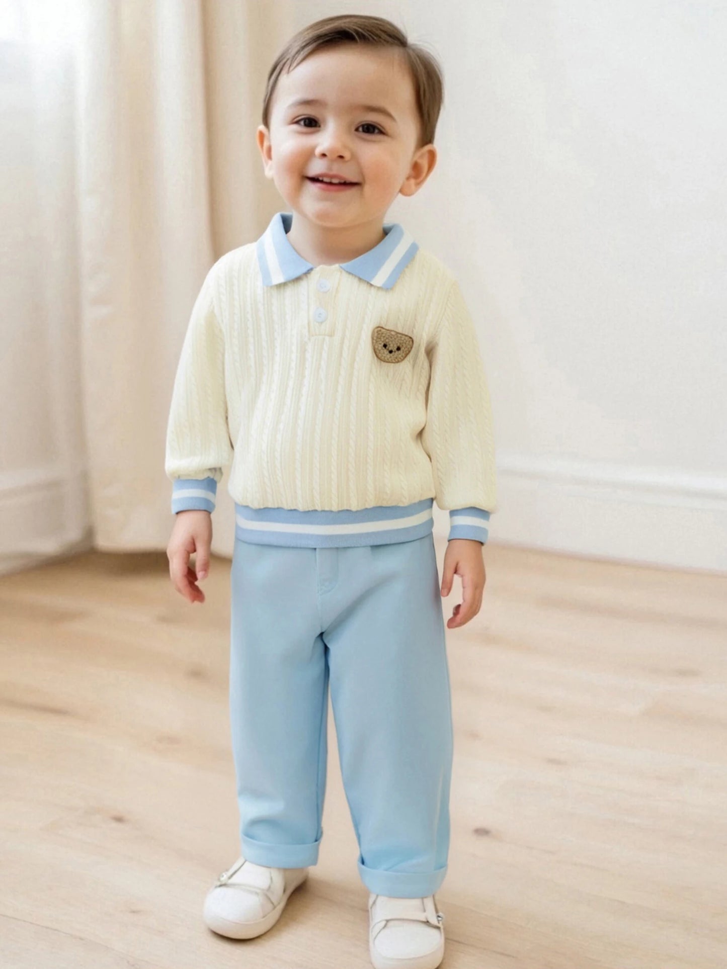 Baby Toddler Boys 2Pcs Fall Outfit Long Sleeve Bear Embroidery Lapel Top + Pants Set