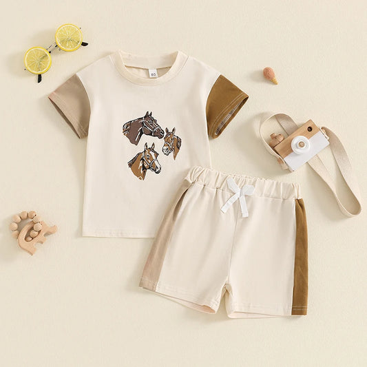 Baby Toddler Boys Girls 2Pcs Summer Outfit Western Horse Print Contrast Color Short Sleeve Top and Shorts Set