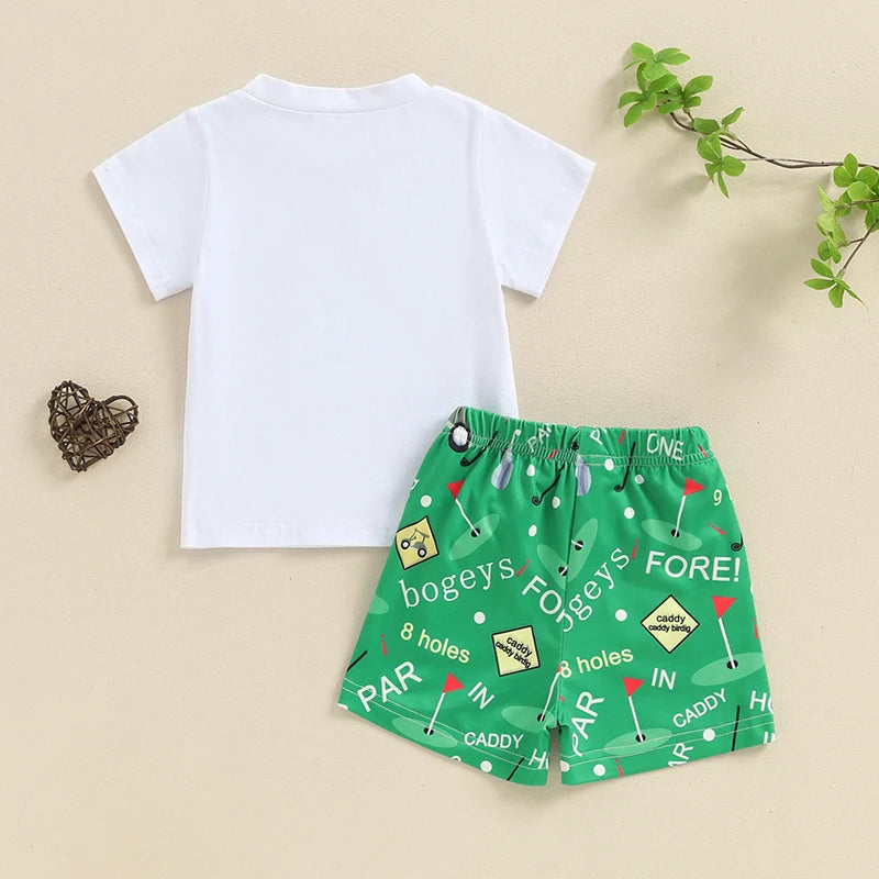 Baby Toddler Boys 2Pcs Daddy's Caddie Summer Outfit Letter Print Short Sleeve Top with Elastic Waist Golf Pattern Shorts Clothes Set