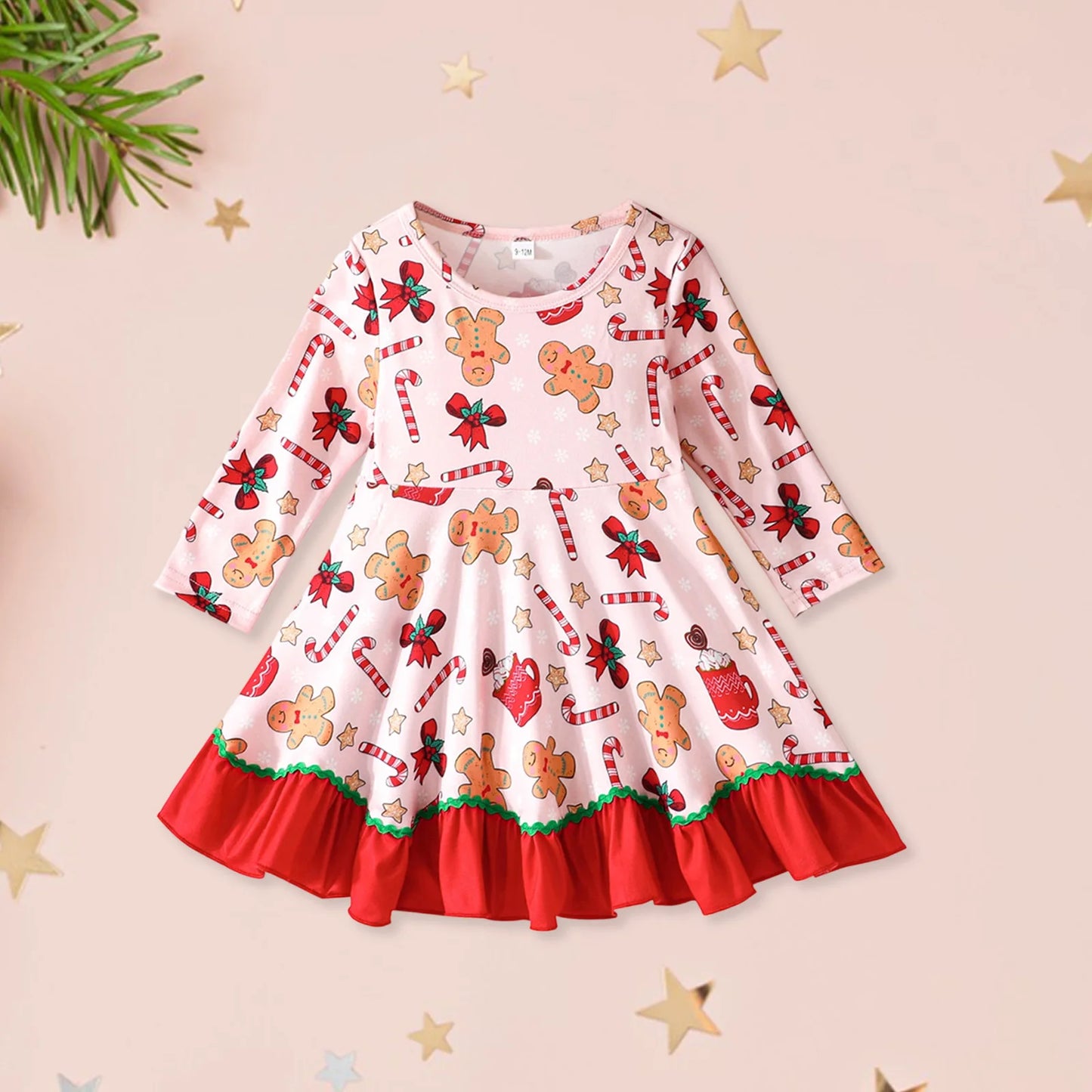 Baby Toddler Girl Christmas Dress Long Sleeve Crew Neck Gingerbread Man Cane Candy Print Dress