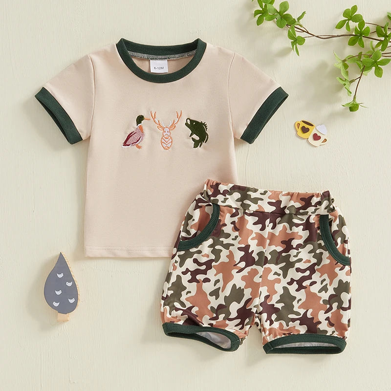 Baby Toddler Boys 2Pcs Summer Outfit Duck Embroidery Short Sleeve Top and Elastic Camouflage Shorts Set