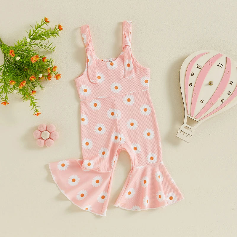 Baby Toddler Girls Romper Jumpsuit Sleeveless Tie Tank Top Daisy Flower Print Bell Bottom Overalls