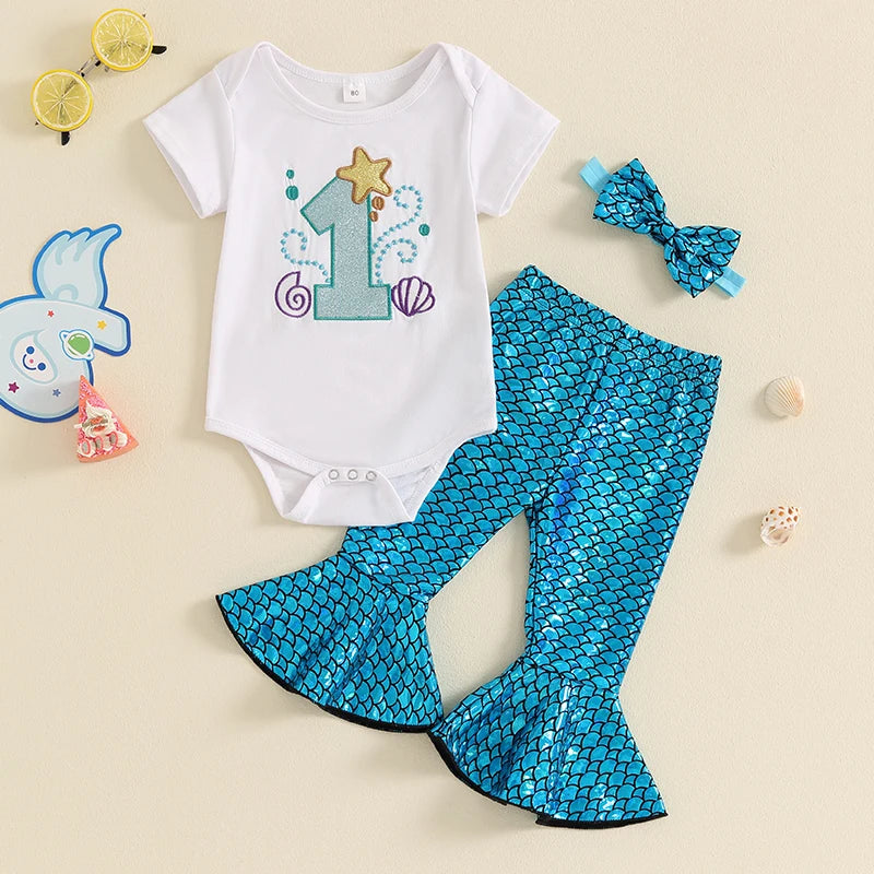 Baby Girls 3Pcs Birthday 1 One Year Old Set Short Sleeve Sequins Number Romper Mermaid Flared Pants Headband Outfit