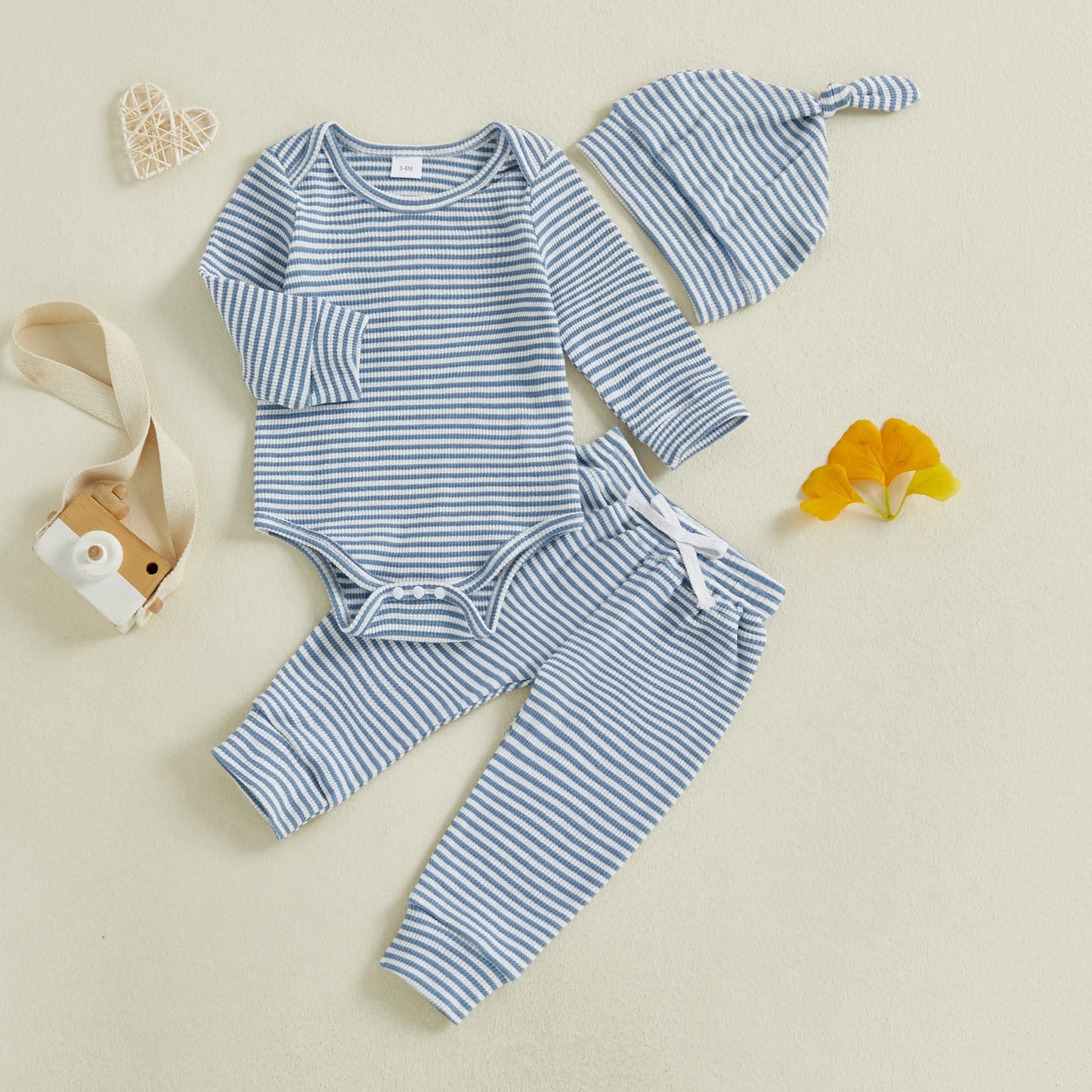 Baby Boys Girls 3Pcs Outfits Striped Crew Neck Long Sleeve Romper with Pants and Cap Beanie Hat Set