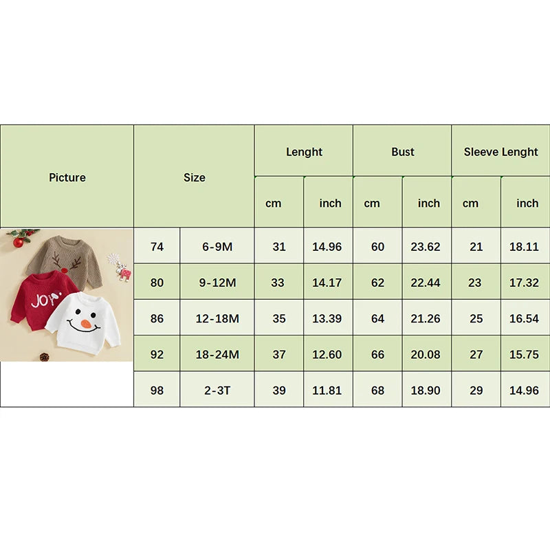 Baby Toddler Girls Boys Christmas Knit Sweater Long Sleeve O Neck Reindeer/Snowman/Joy Santa Hat Embroidery Pullover Knitwear Top
