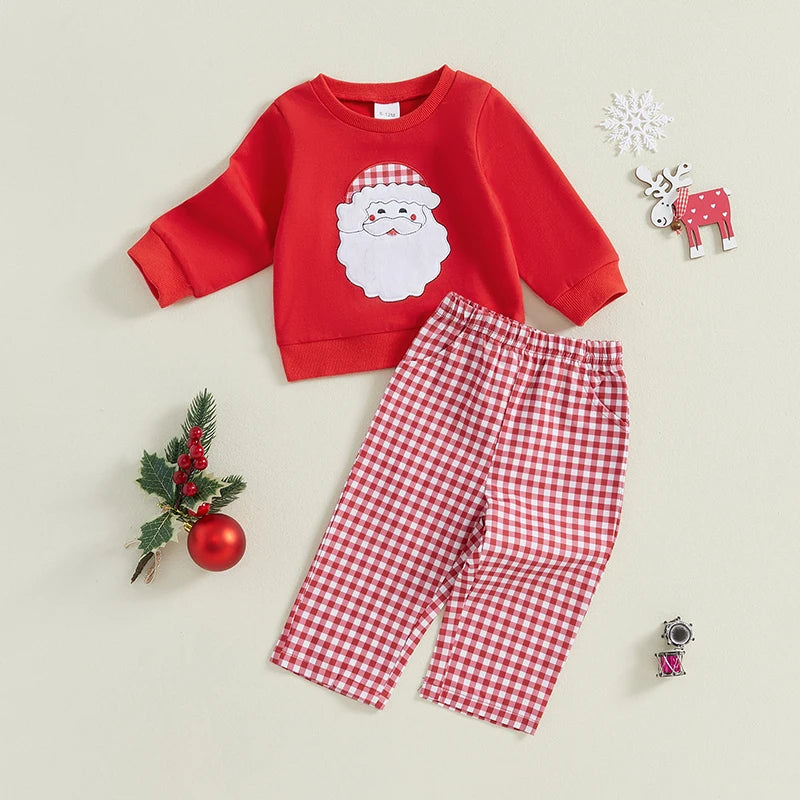 Baby Toddler Boys 2Pcs Christmas Outfit Santa/Truck Embroidery Long Sleeve Top and Plaid Long Pants Set