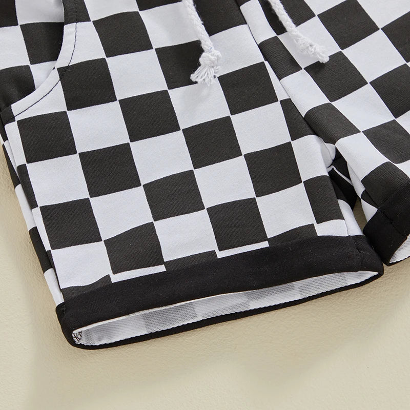 Baby Toddler Boy 2Pcs Cool Cousins Club Letter Print Top and Checkered Shorts Clothing Set Outfit