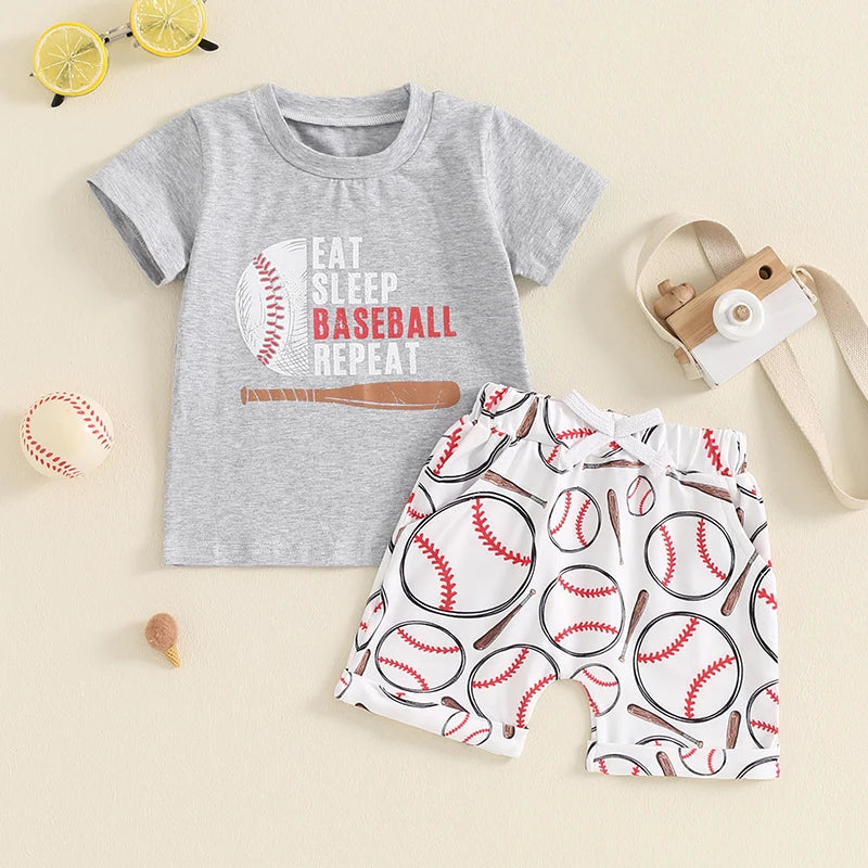 Baby Toddler Boys 2Pcs Eat Sleep Baseball Repeat Outfit Baseball Letter Print Short Sleeve Top and Elastic Shorts Clothes Set