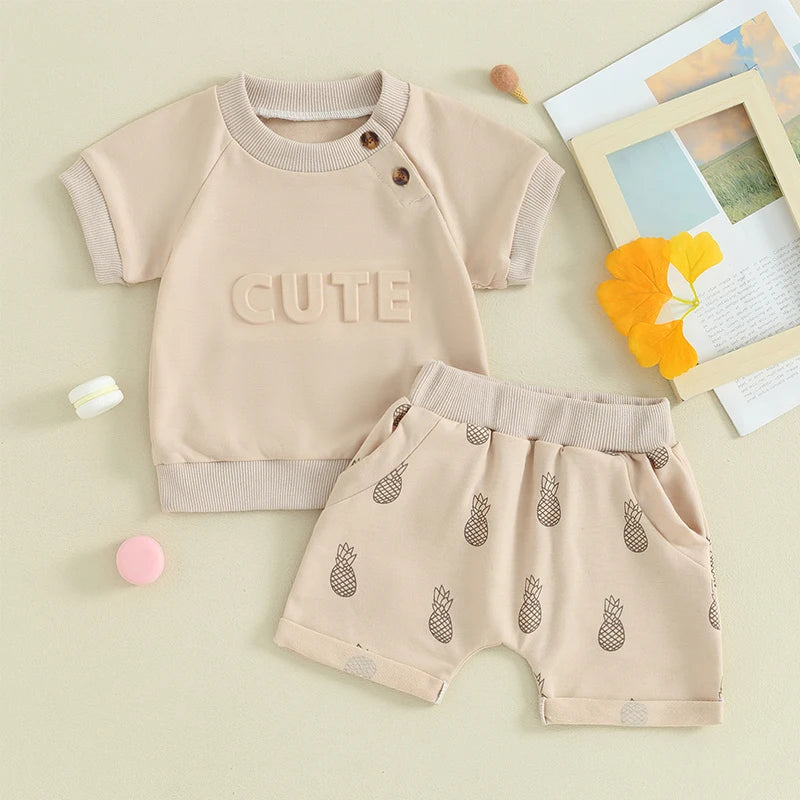 Baby Toddler Boy Girl 2Pcs CUTE Letter Pattern Short Sleeve Top with Pineapple Pattern Short Outfit Set